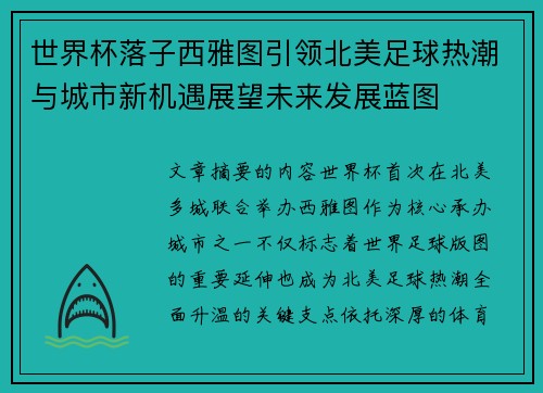 世界杯落子西雅图引领北美足球热潮与城市新机遇展望未来发展蓝图